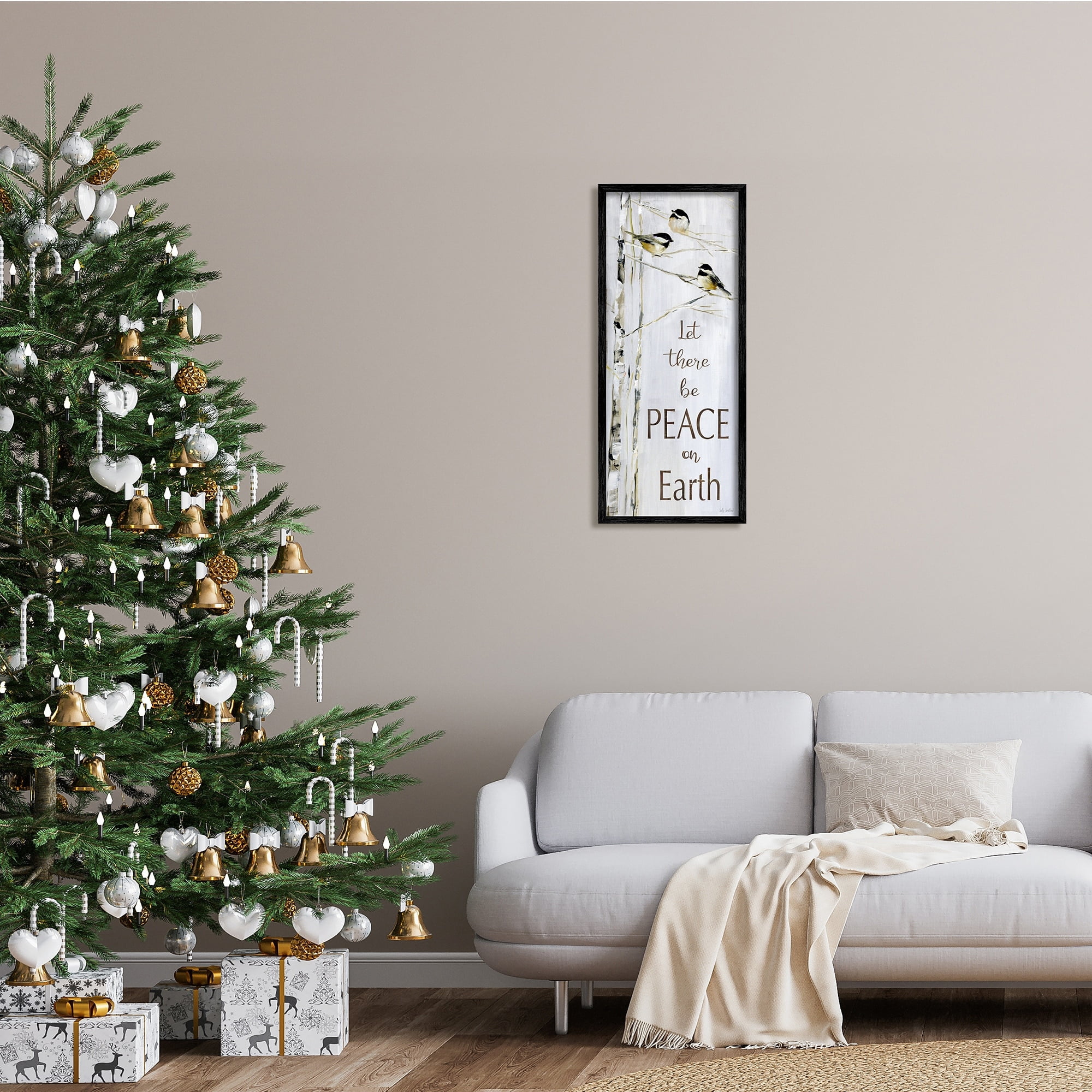 Stupell Industries Peace on Earth Phrase Winter Birds Snowy Tree, 13 x 30, Design by Sally Swatland