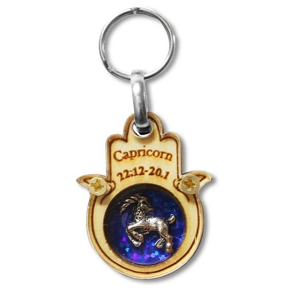 Wooden Good Luck Hamsa Hand Key Chain Keychain Zodiac Sign - Capricorn - Made in Israel