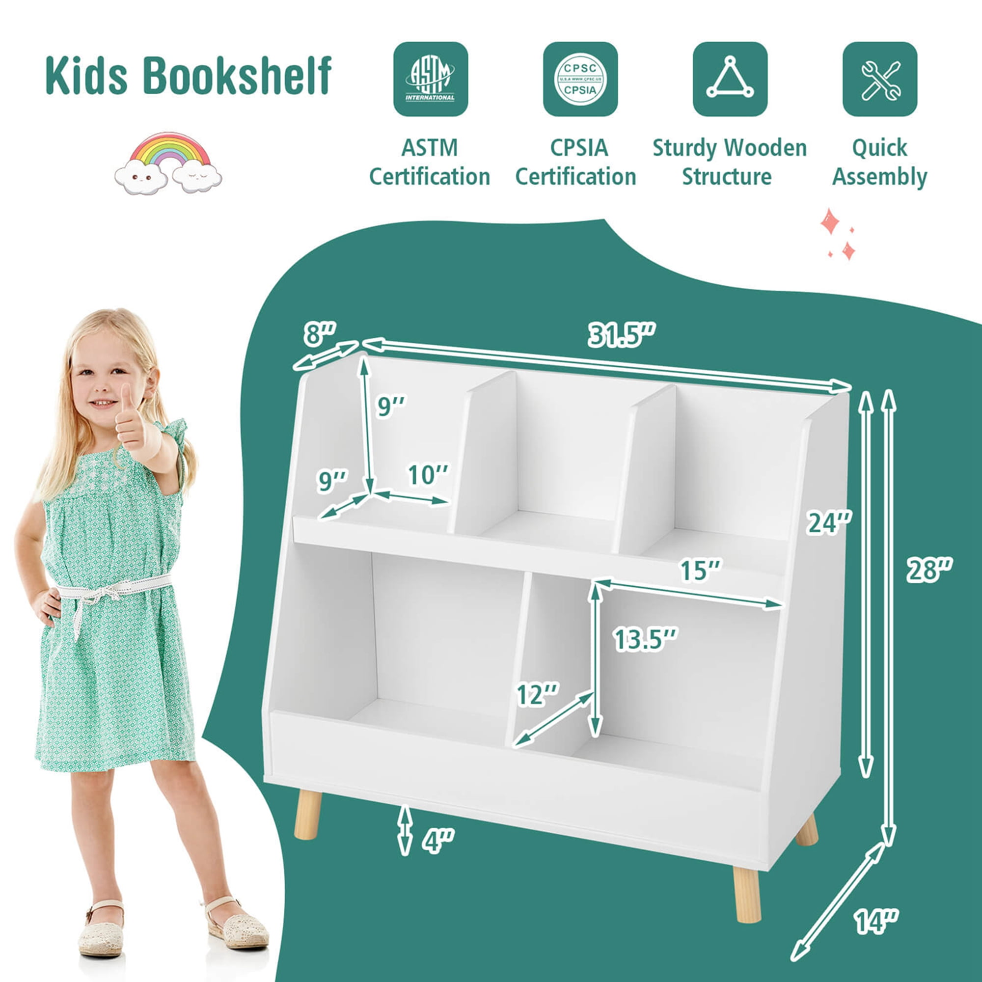 Costway 5-Cube Kids Toy Organizer and Bookcase, White