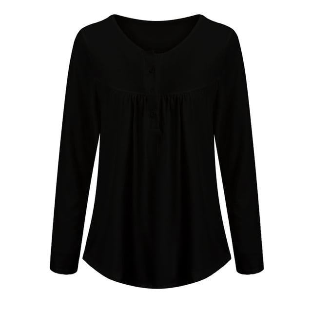 DYMADE Women's Solid Henley V-Neck Blouse Pleated Button Tunic Shirt Top