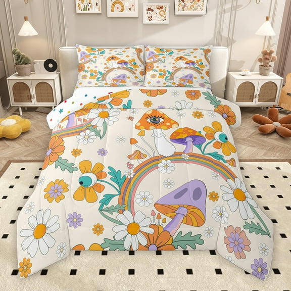 Manfei Cartoon Orange Mushroom Bedding Comforter Set for Kids, Groovy Daisy Flower Twin Comforter Sets, Rainbow Reversible Bedding Set, Lightweight Room Decor, 2 Pieces