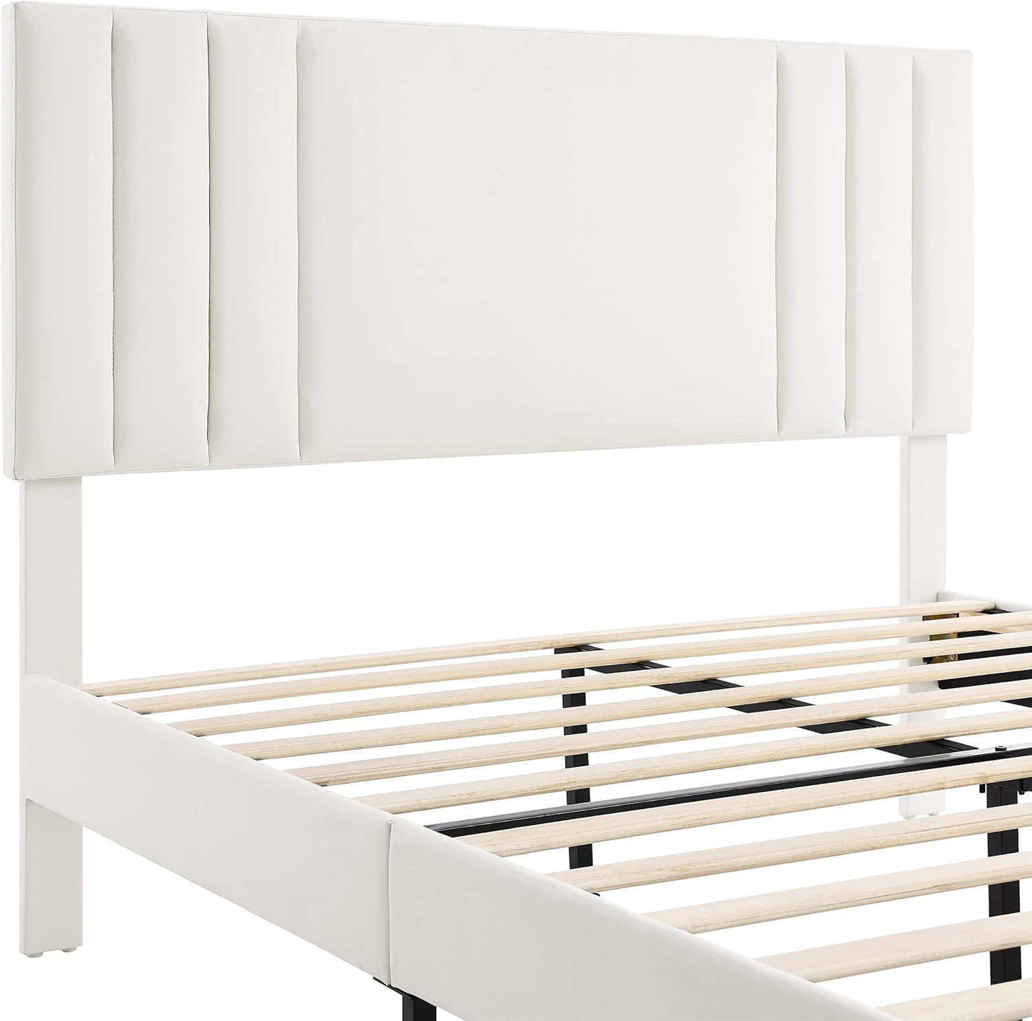 AENKYO Queen Size Platform Bed Frame with Leather Upholstered Headboard, White
