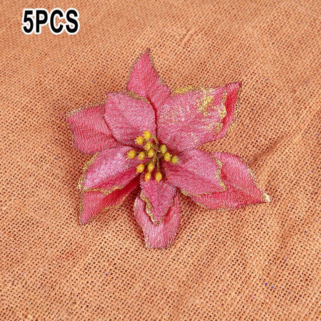 5Pcs Christmas Glitter Artificial Poinsettia Flowers Xmas Poinsettia Artificial Wedding Flowers Decorations Xmas Tree Ornaments for Party Favors, 6inch