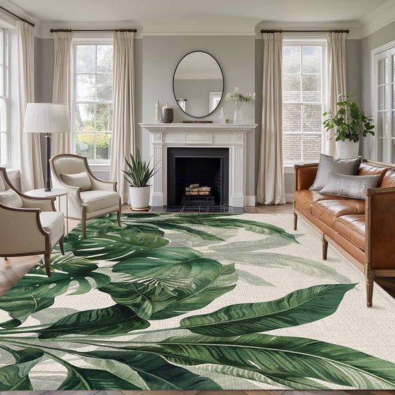 Palm Leaves Tropical Area Rugs 5'x8', Washable Small Throw Rugs for Classroom Bedroom, Green Botanical Summer Linen Indoor Outdoor Rug Non-Slip Low Pile Carpet Runner Reversible Floor Mats