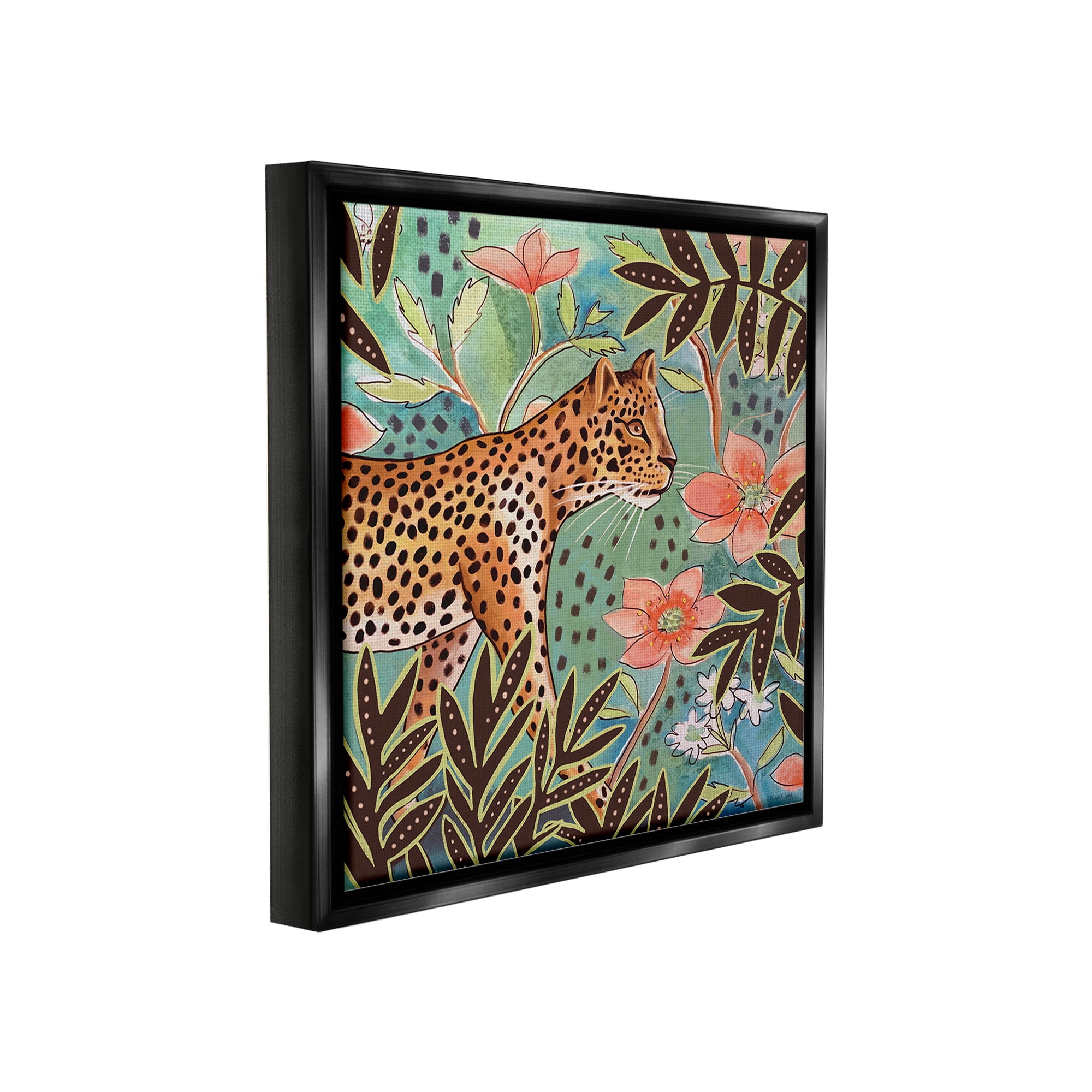 Stupell Industries Leopard & Jungle Florals Animals & Insects Painting Black Floater Framed Canvas Art Print Wall Art, 25 x 25