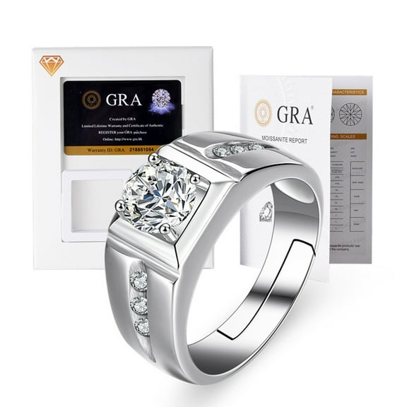 1 Carat Color D VVS1 Moissanite Ring for Men 18k White Gold Over Silver Jewelry with Adjustable Open Wedding Promise Rings for Him