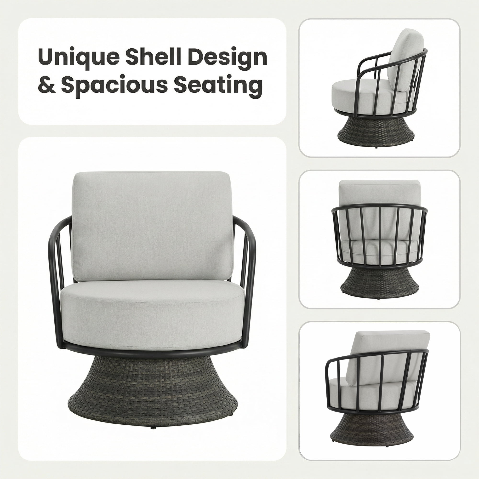 Spruce & Spring 3-Piece Patio Furniture Set, Outdoor Swivel Wicker Chairs with Side Table, Light Gray Olefin Cushions & Dark Gray Wicker, for Porch, Deck & Backyard