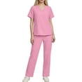 thumbnail image 3 of UPPADA Women 2 Piece Scrub Sets V Neck Short Sleeve Scrub Top and Drawstring Flare Leg Pants with Ankle Notch Anti Wrinkle Lightweight Uniform for Nurses Pink,XL, 3 of 9