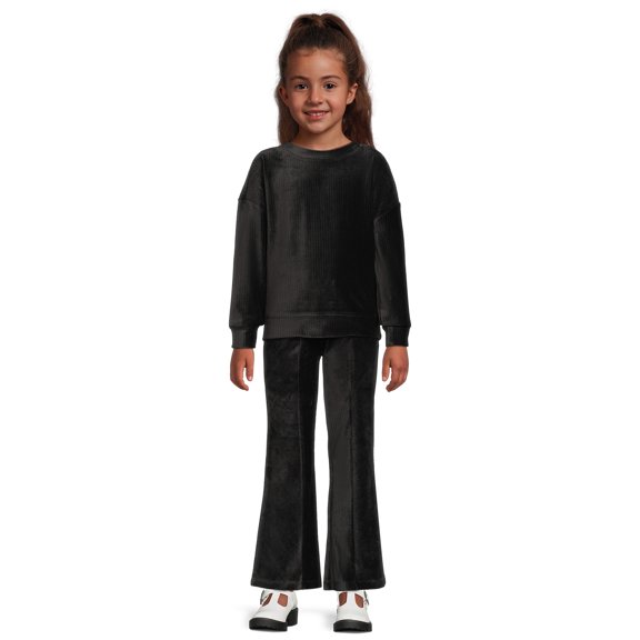 Wonder Nation Girls Long Sleeve Rib Velour Pullover and Flare Pant 2-Piece Outfit Set, Sizes 4-18 & Plus