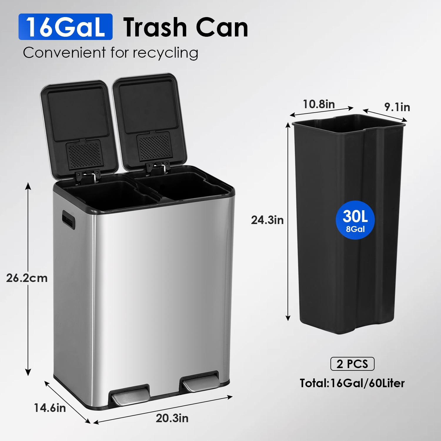 60 L Trash Can, 16 Gallon Dual Compartment Garbage Can, Pedal Recycling Bin, Stainless Steel Rectangular Recycle Dustbin, Silver