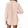 thumbnail image 6 of Fall Outfits For Women 2025 Spring Summer Solid Color Cotton Linen Pleated Belt Pocket Loose Casual Long Sleeved Shirt, Daily Wear 1PC, Pink 3XL, Size 3XL-5XL, 6 of 6