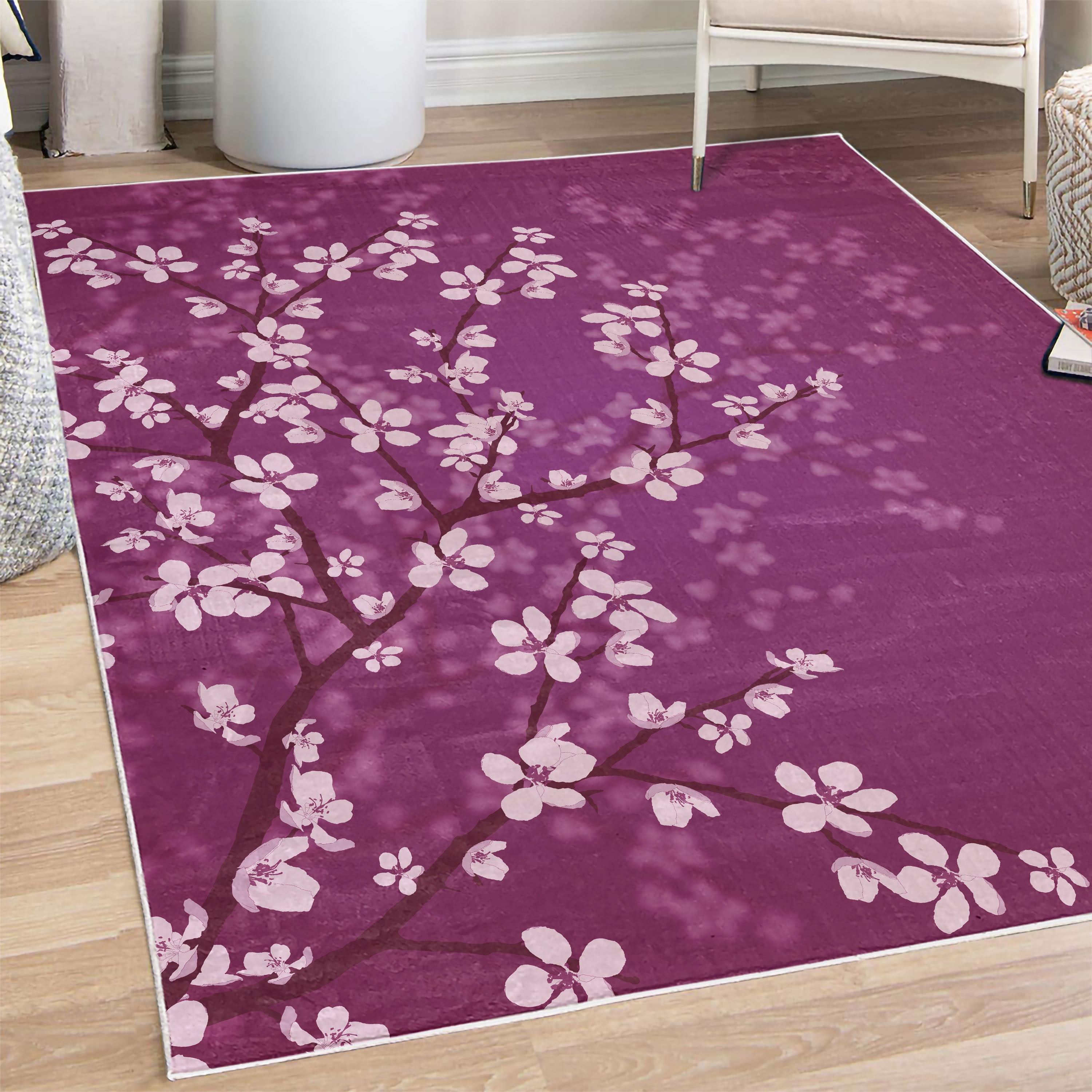 Sakura Rug Japanese Decorative Rug, Spring Season Sakura Bloom Design Marine Toned ...