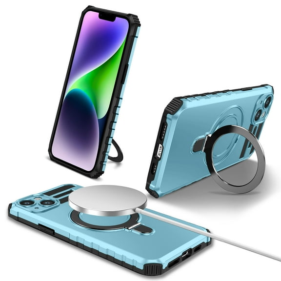 for iPhone 13 Armor Case Stand, [Compatible with MagSafe] Military Grade Drop Protection Rugged Shockproof Grip Hard Heavy Duty Bumper Car Magnetic Cover For iPhone 13, Lightblue