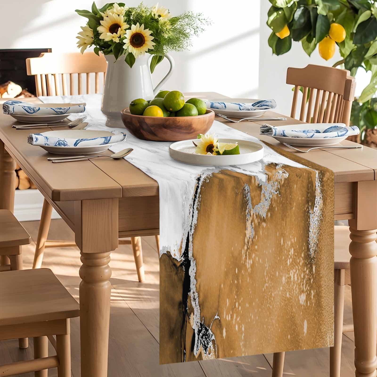 Kitchen Table Runner 90 Inches Long, Modern Marble Style Cotton Linen Table Runners for Dining Tables Home Holiday Party Wedding, White Grey Yellow Stone Texture Tabletop Scarf