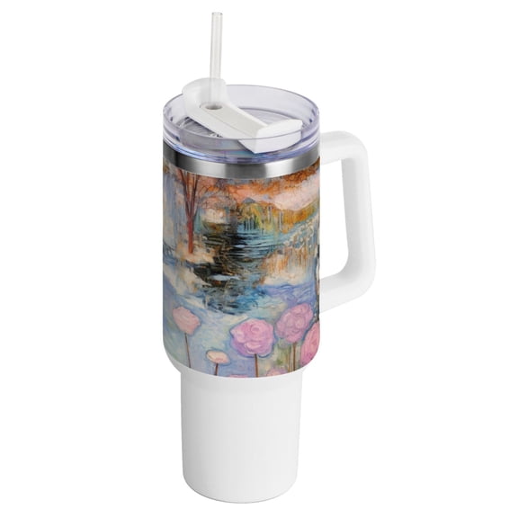 Painting Lake Houses 40 oz Tumbler with Handle Insulated Travel Mug Lid Straw Leak Proof Steel Vacuum Water Bottles Glasses Fits in Car Cup Holder