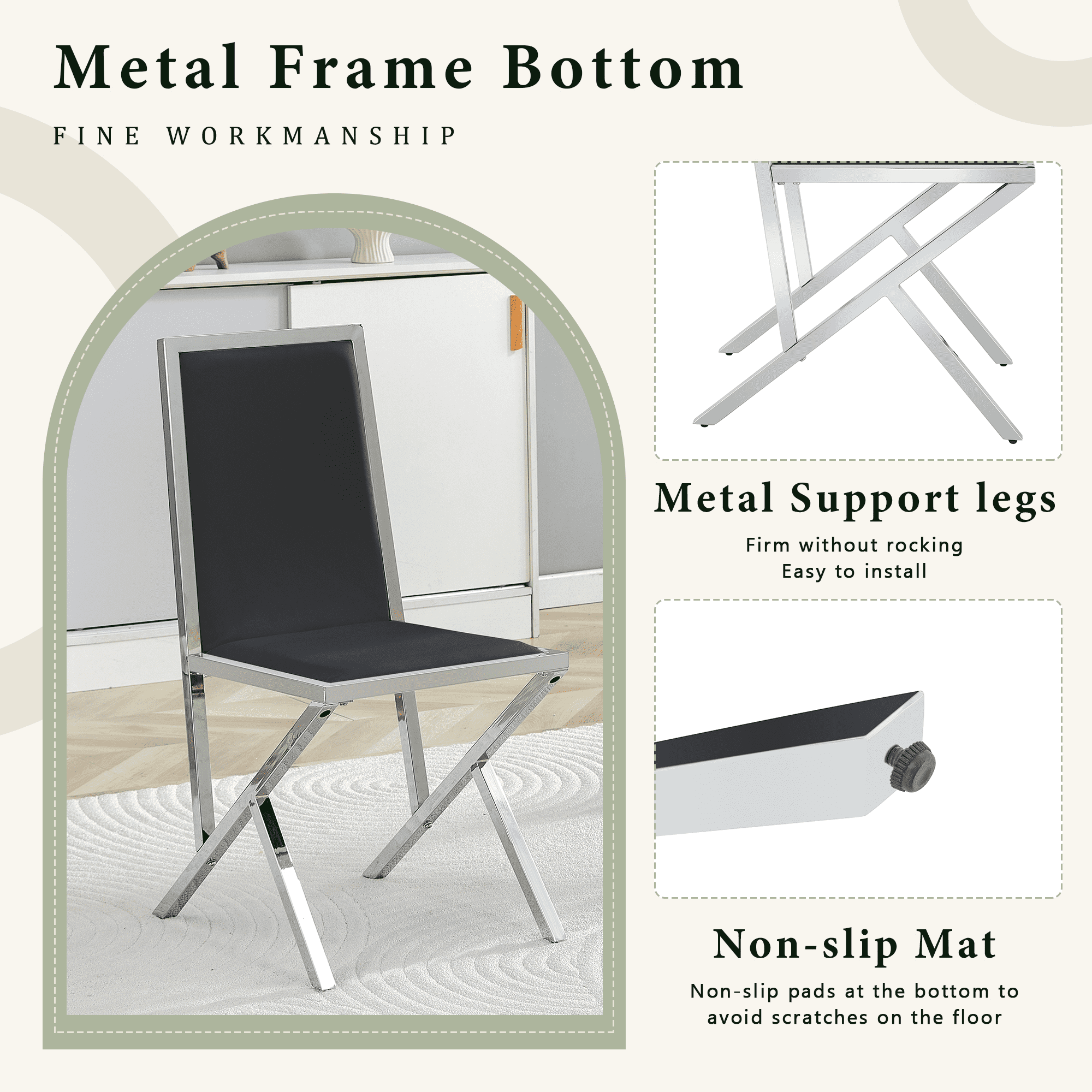 Dining Chairs Set of 4, Black PU Leather Dining Chairs with Silver Metal Frame, Ergonomic Modern Dining Room Chairs, Upholstered Kitchen Chairs with Adjustable Feet, Easy to Clean