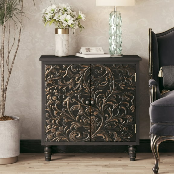 COZAYH 2 Door Farmhouse Storage Cabinet with Embossed Distressed Flower Motif, Vintage Side Table for Living Room, Bedroom, Boho, Black