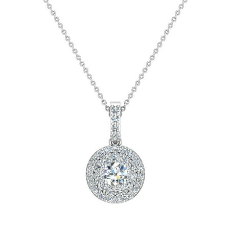 Diamond Necklaces For Women Round Brilliant Double Halo Pendant 14K White Gold 1.45 Carat (L,I2)