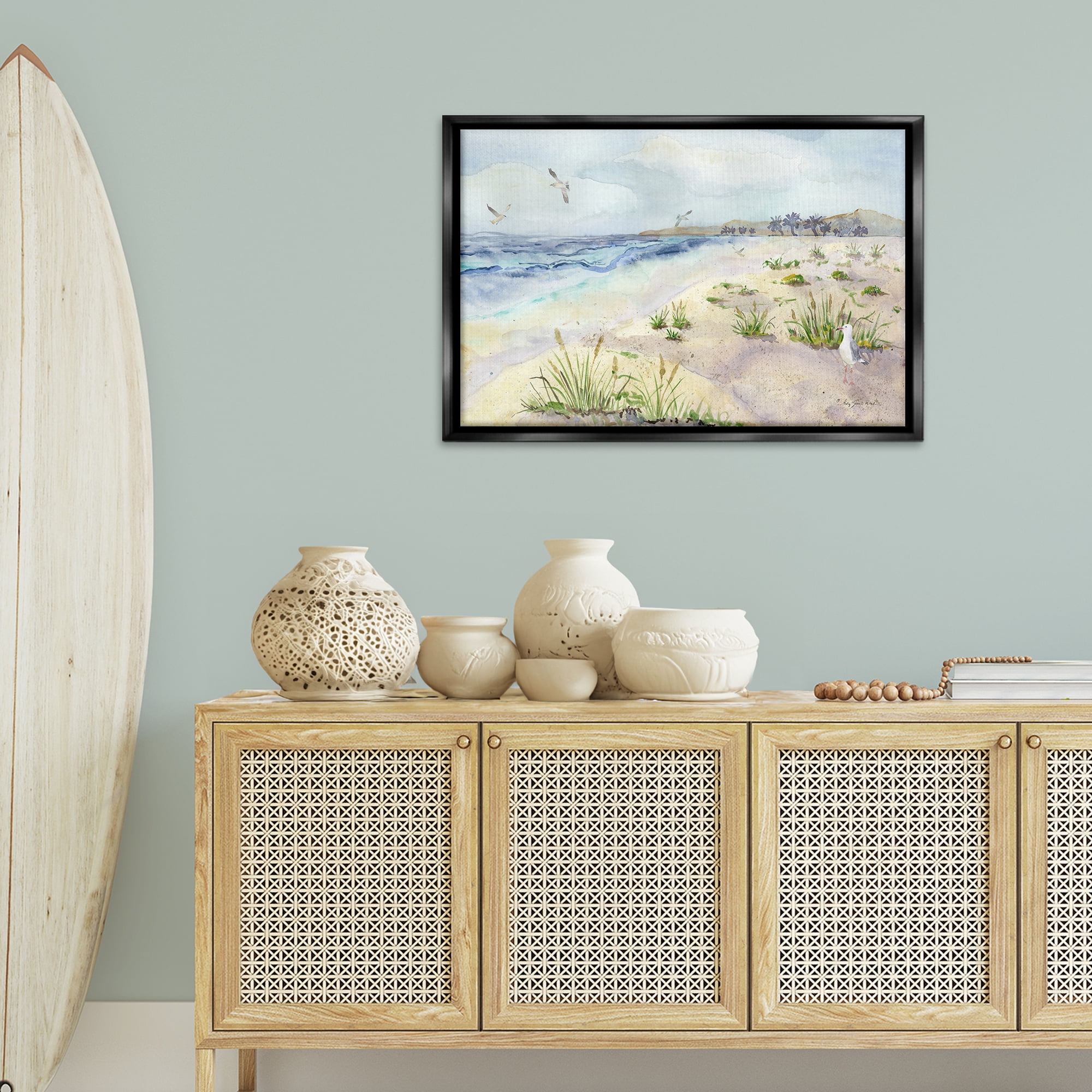 Stupell Industries Seagulls Over Beach Landscape Painting Black Floater Framed Canvas Art Print Wall Art, 31 x 21