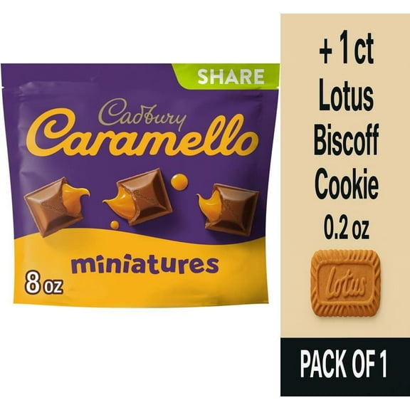 CADBURY CARAMELLO Miniatures Milk Chocolate Caramel Candy Share Pack 8 oz - Pack of 1 & Lotus Biscoff Cookie - 0.2 Oz - 1 ct