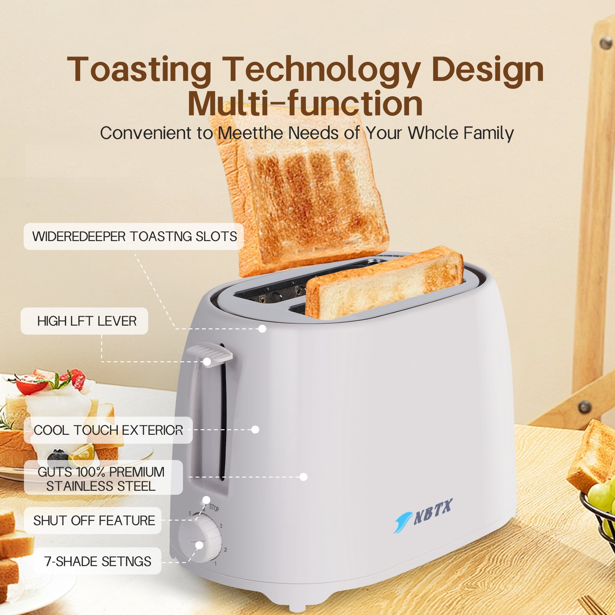 NBTX Toasters 2 Slice Wide Slot With 7-Shade Toast Settings, Slide-Out Crumb Tray, Auto-Shutoff, Faster Heating Speed, Toast Lift Perfect for Toasting Bread Bagels Waffles and Puff Pastry, Ash Gray