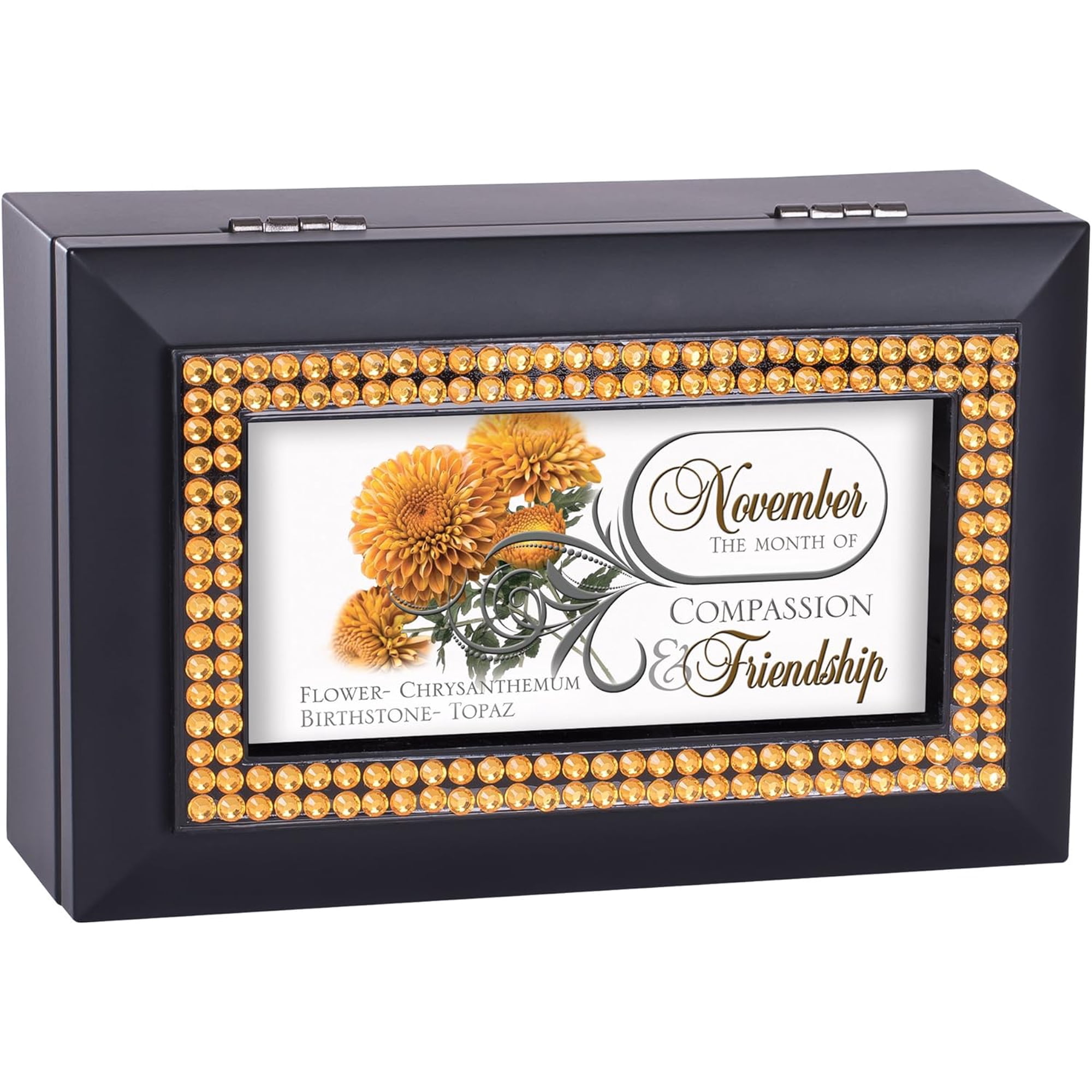 November Month Topaz Birthstone Compassion Friendship Black Musical Trinket Box