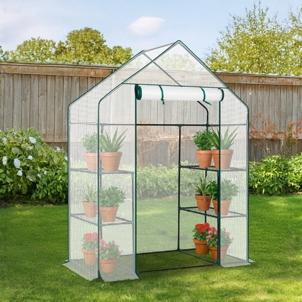 Mini Walk-in Greenhouse with PE Cover, 4-Shelf Indoor Outdoor Plant Gardening Green House for Garden Backyard, 56" x 29" x 77", White