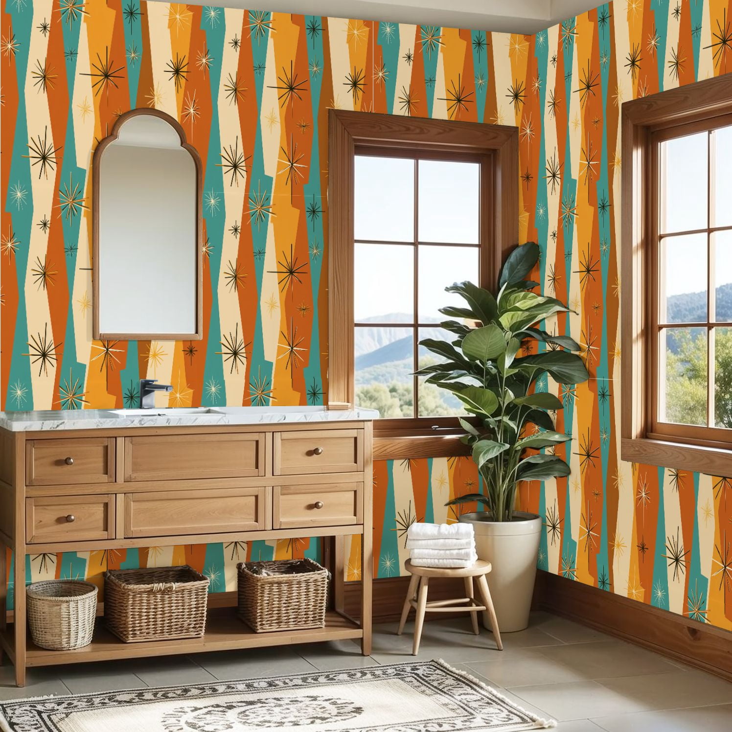Peel and Stick Wallpaper 23.6in x 9.8ft Mid Century Modern Vintage Retro Mod Fifties Contact Paper Vinyl Waterproof Self Adhesive Wall Paper for Bedroom Shelf Cabinet Renter Friendly