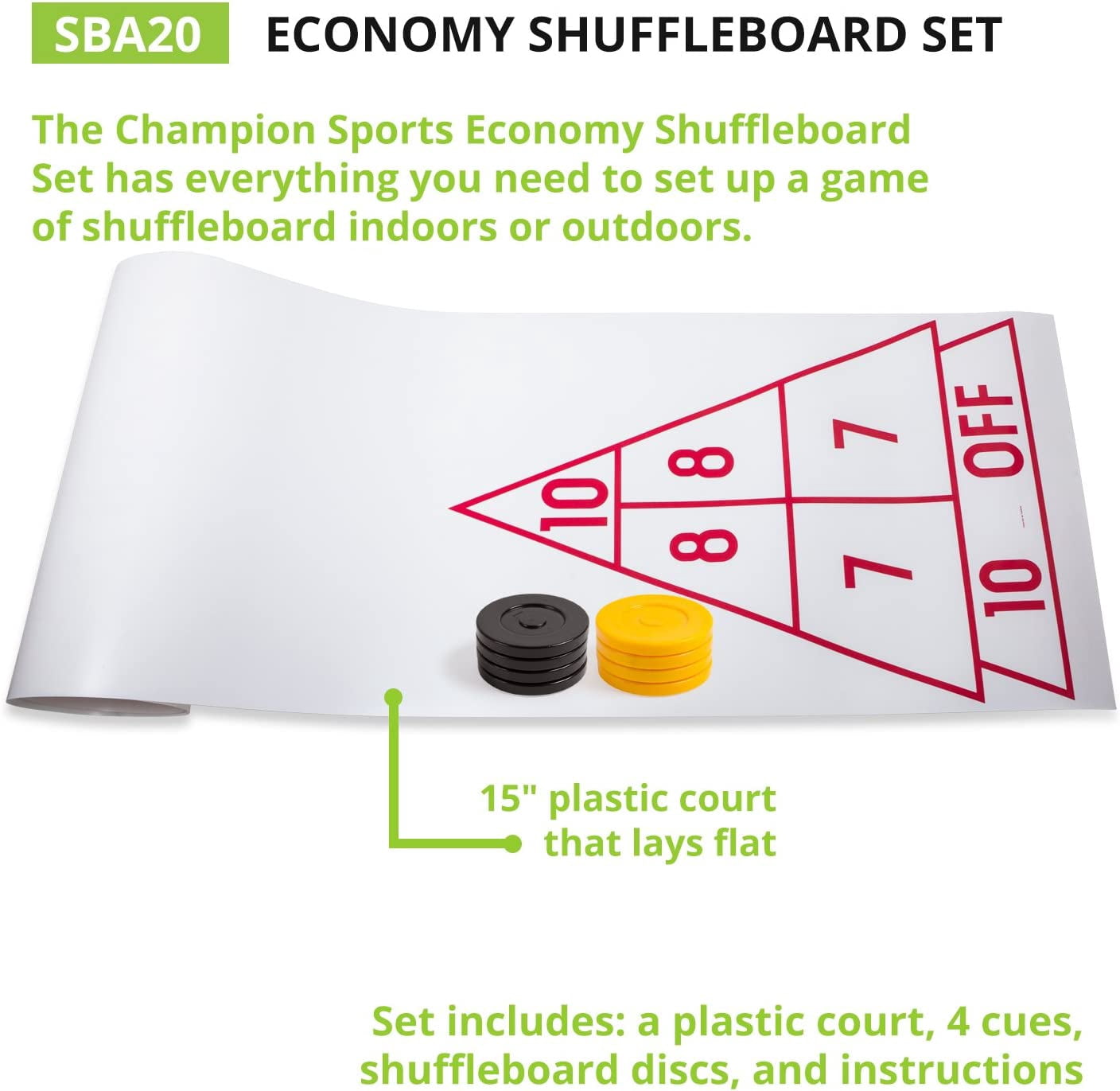 Champion Sports Economy Shuffleboard Set: Indoor Outdoor Game - 8 Pucks 4 Cue Sticks & Plastic Court, 30 x 180"
