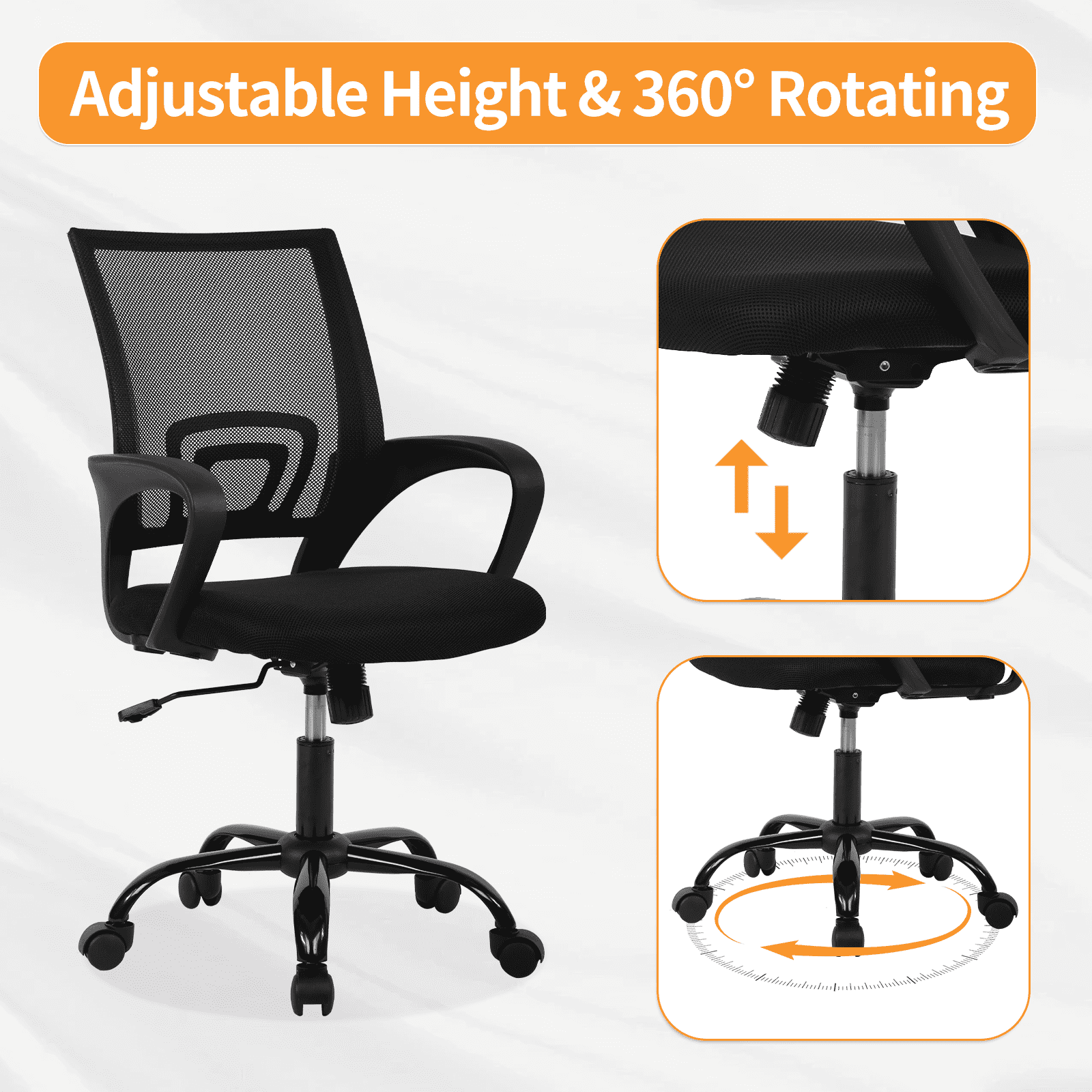 Mid Back Desk Chair Mesh Office Chair Task Rolling Swivel Chair Computer Chair with 360° Casters & Armrest, Black