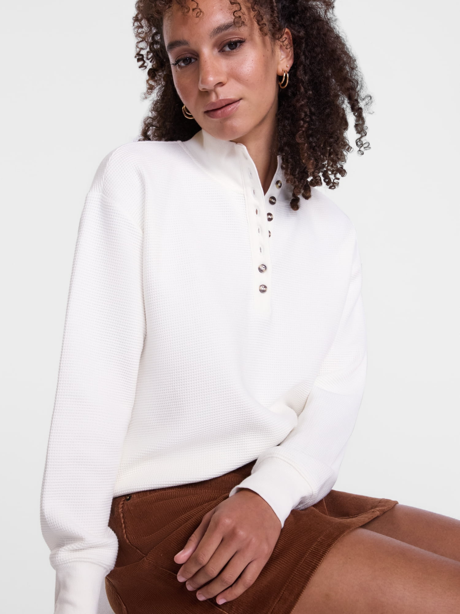 Scenario Women's and Women's Plus Waffle Knit Button Top with Long Sleeves, Sizes XS-4X