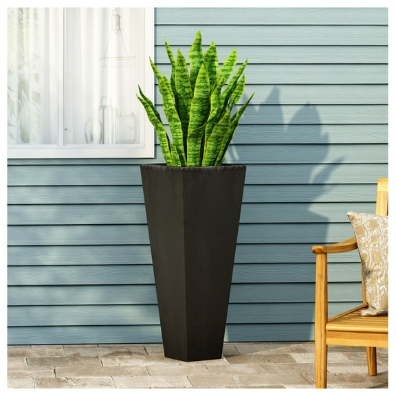 Outdoor Planter 13x13x24.75in, Modern Cast Stone Plant Pot - Black Tapered Design for Patio, Garden, Backyard Decor Black   Magnesium Oxide