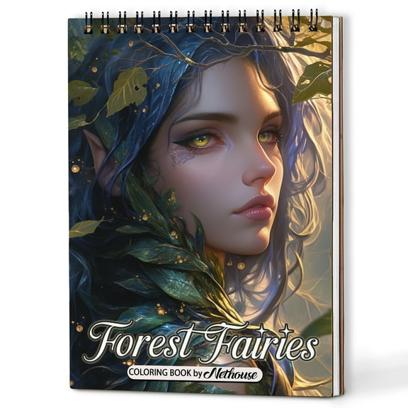 NETHOUSE Forest Fairies Spiral Coloring Book for Adults, A5 Wooden Cover, 30 Coloring Pages of Enchanting Fairies, Magical Forests, Woodland Creatures, Mystical Floral, Fantasy Illustrations