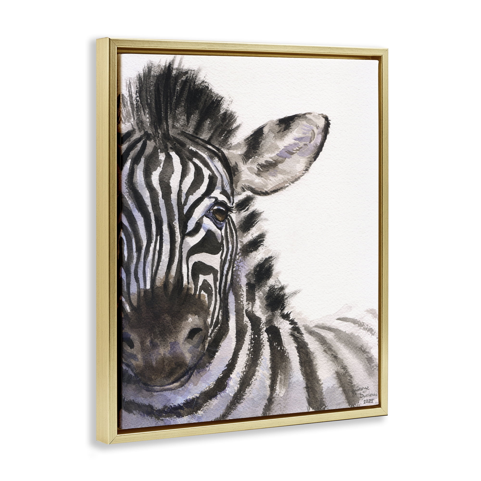 Stupell Industries Zebra Portrait on White Gold Framed Floater Canvas Wall Art, design by George Dyachenko
