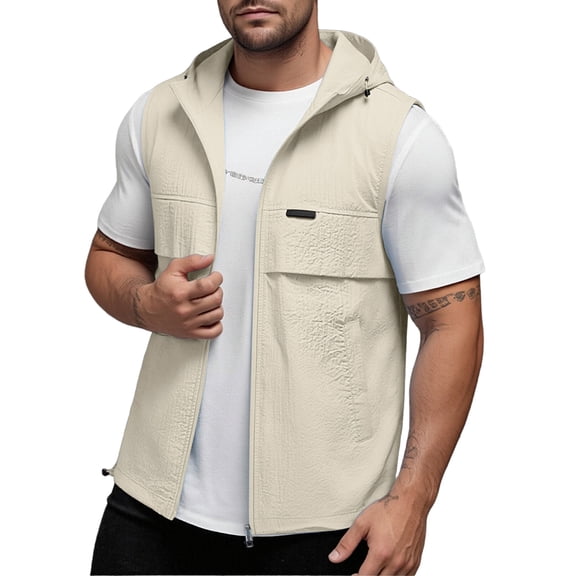 USNSM Mens Hoodie Casual Lightweight Golf Vest Outerwear with Pockets Zip Up Solid Color Sleeveless Softshell Jacket for Running Hiking Beige XXXL