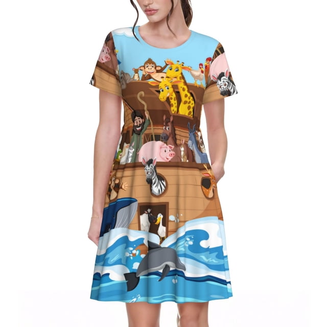 Disketp Animals on Noah's Ark Floating para Vestido de Manga Corta para Mujeres, Vestidos de Verano para Mujeres, Casual y Holgado para la Playa