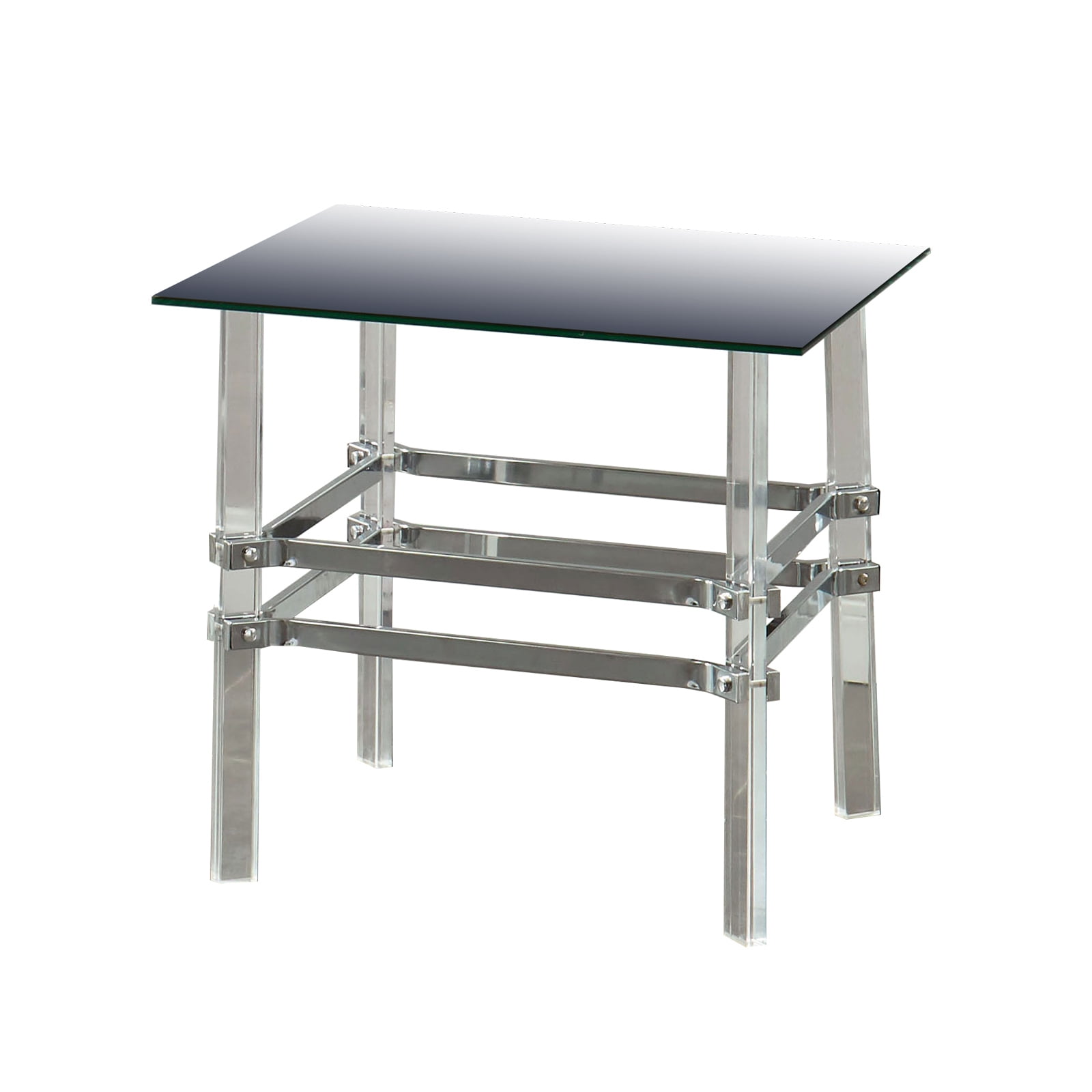 Square Glass and Metal End Table with Tubular Legs, Silver and Clear