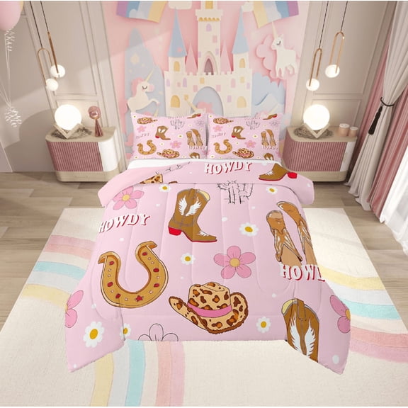 Erosebridal Western Cowgirl Bedding Twin Comforter Set,Horseshoe Boots Down Comforter,Kawaii Flower Bedding Sets Twin with Comforter,Breathable Floral Room Decoration,Reversible,2-Piece