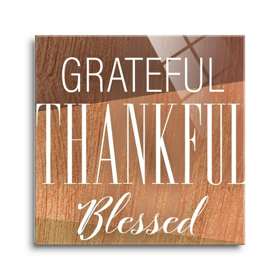 Grateful Thankful Blessed Red Woodgrain 12 x 12 Glass Wall Hanging Sign