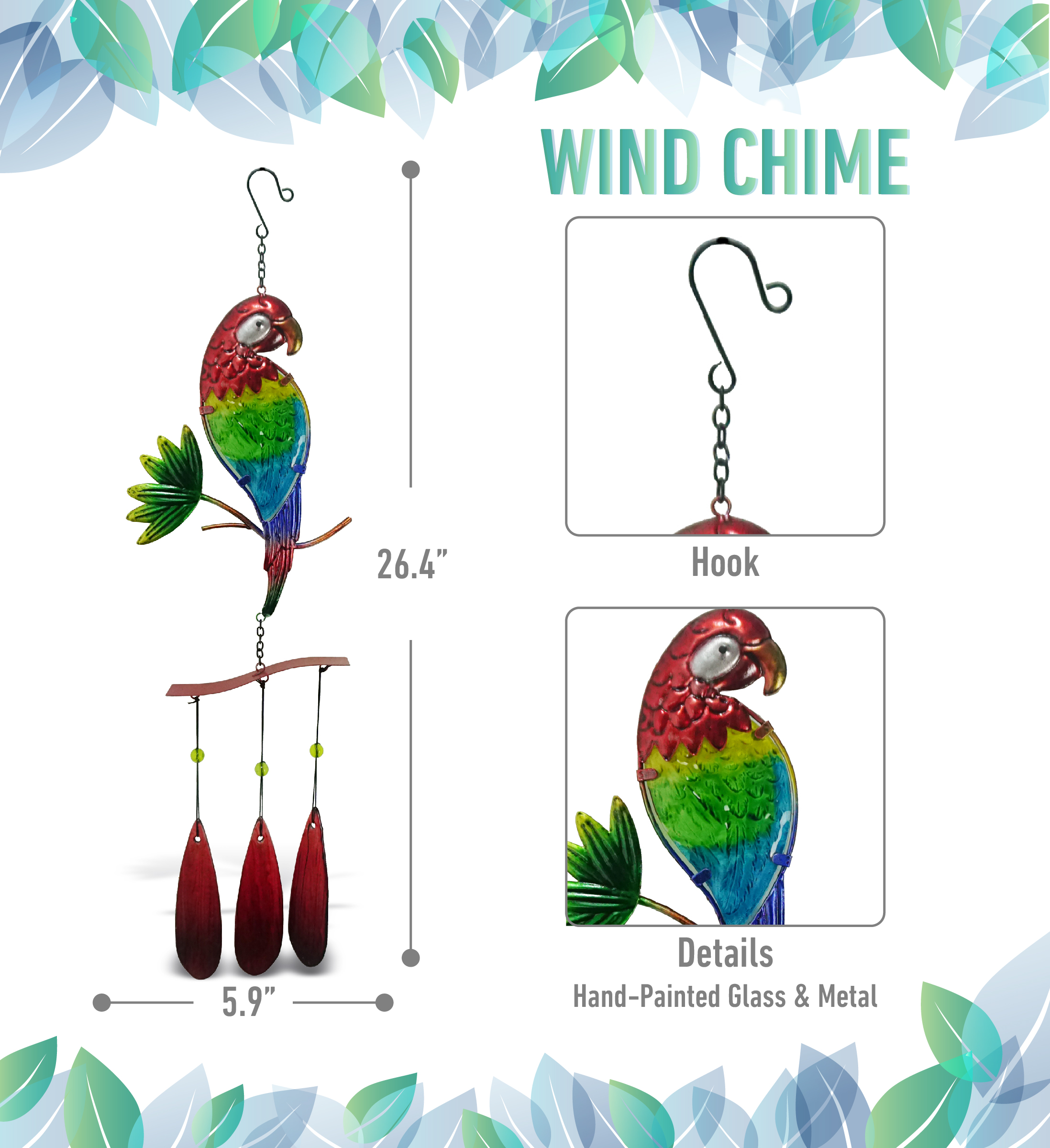CoTa Global Parrot Wind Chime - Handmade Glass & Metal Chime - Tropical Bird Hanging Decor - Colorful Home Decor Gift, Indoor and Outdoor Hanging Decoration For Porch, Patio, and Garden - 32.7 Inch