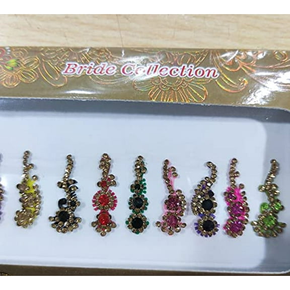 Multicolored Crystal Bindi Bridal face Jewels Forehead Tika Indian Bindis for women bindi Indian multicolor round long small gold (Long Curved - 12 Bindi)
