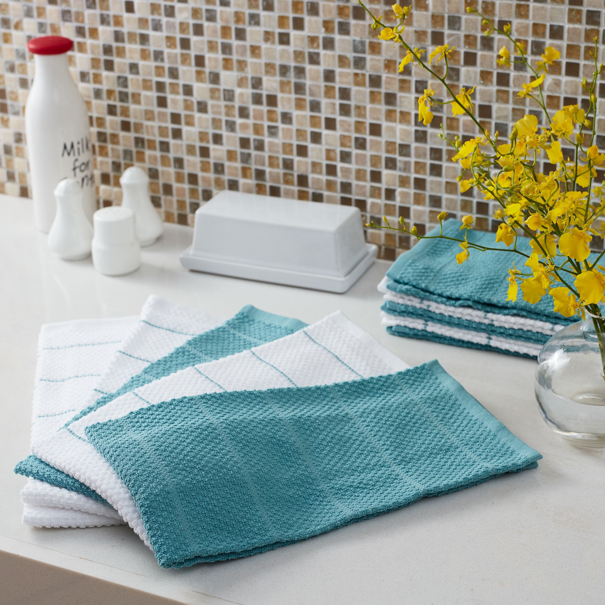 Mainstays Dobby Rice Weave Kitchen Towels, 15” x 25”, Set of 10, Topaz Blue