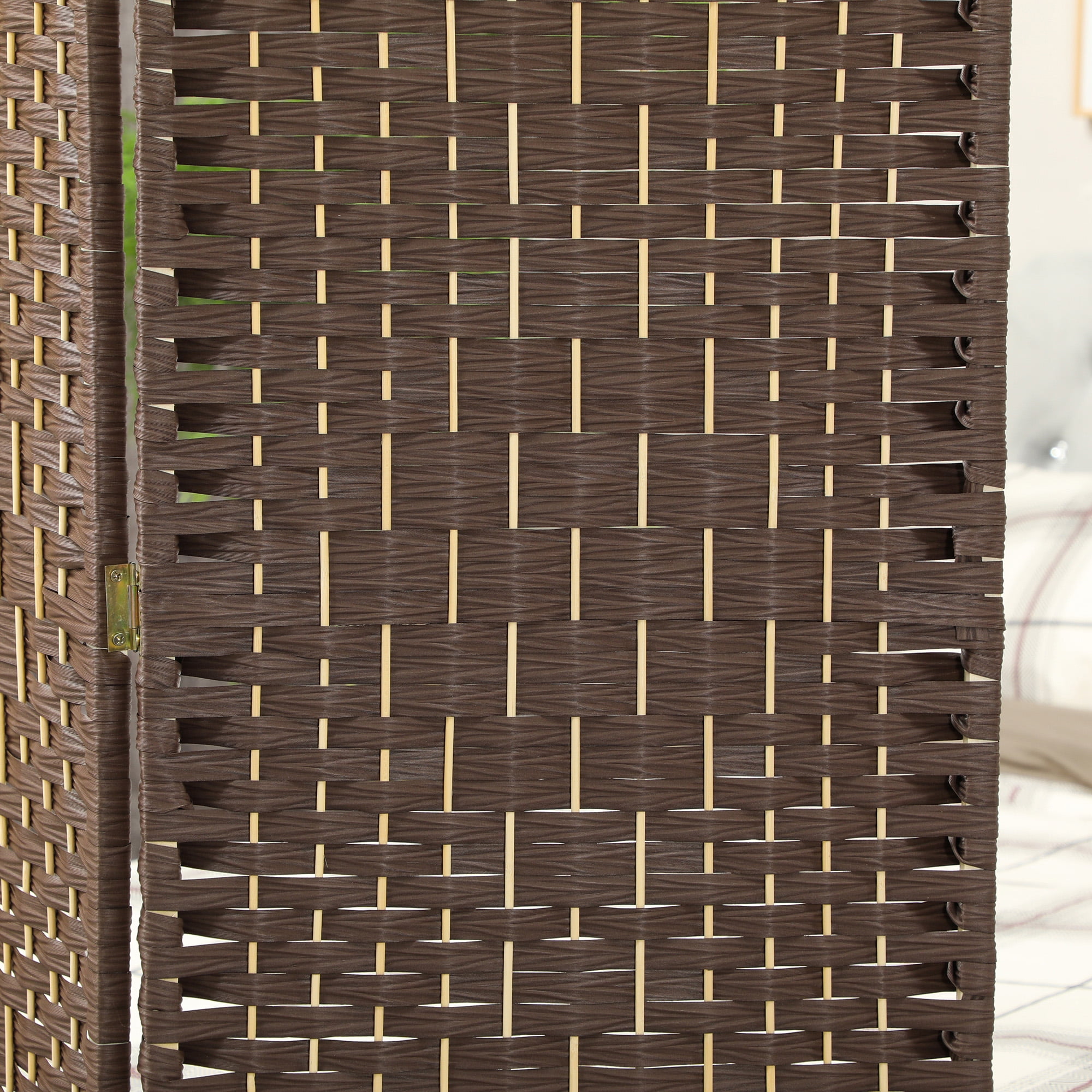 HOMCOM 4 Panel Room Divider, 6' Tall Folding Privacy Screen, Hand-Woven Freestanding Wood Partition for Home Office, Bedroom, Brown