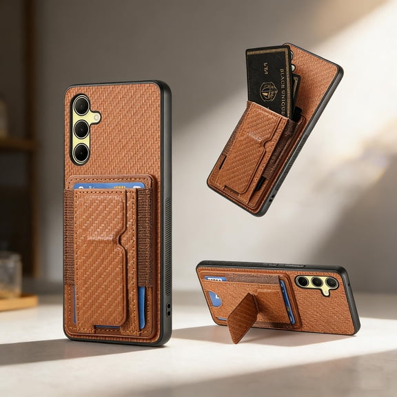 for Samsung Galaxy A17 5G Carbon Fiber Texture Wallet Case with Credit Card Slots, Shockproof Protection Business PU Leather Flip Kickstand Phone Cover for Samsung Galaxy A17 5G, Brown