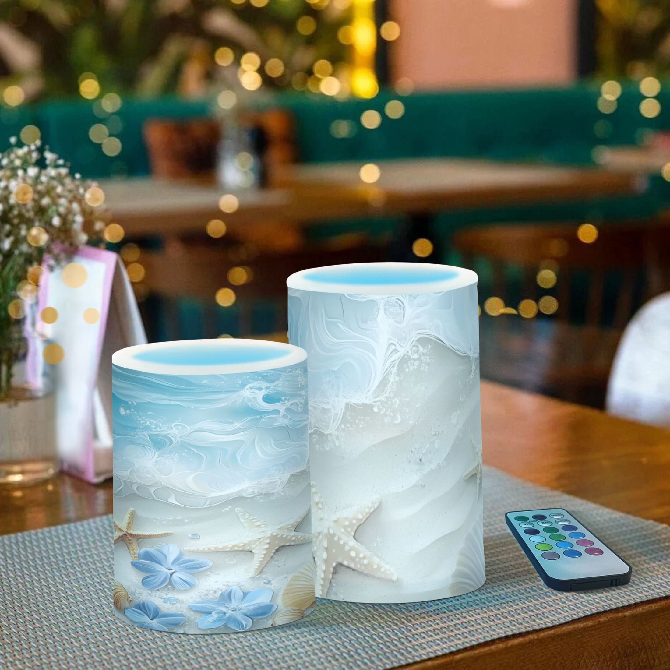 Seashell Starfish Flickering Flameless Candles Battery Operated with Remote Timer LED Pillar Candles Set of 2