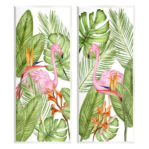 Stupell Industries Flamingos & Topical Plants Botanical & Floral Painting Unframed Art Print Wall Art, 7 x 17, Set of 2
