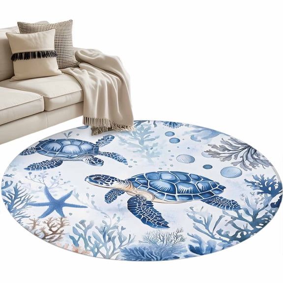 Summer Beach Coastal Round Area Rug 3 FT, Small Kitchen Bathroom Mat, Sea Turtle Coral Nautical Washable Indoor Outdoor Throw Runner Carpet Non-Shedding Doormat for Table Shower Sofa Entryway