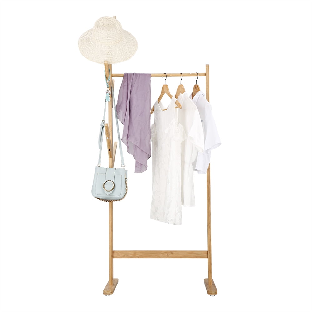 Oxkers Clothes Garment Rack – Wooden Coat Rack Stand with 8 Side Hooks, Single Rail, Holds up to 44 lbs, 25.6" W x 15.7" D x 67" H