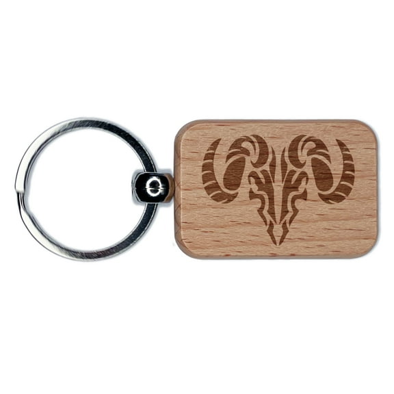 Tribal Ram Skull Rectangle Keychain Charm Tag - Engraved Wood