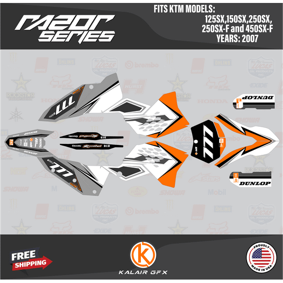Kalair GFX Graphics Kit for Ktm Motocross 2-STROKE 125SX, 150SX and 250SX (2007) Razor Series